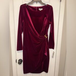 NWT - DKNY Velvet Long Sleeve Faux Wrap Gold Hardware Rich Burgundy Dress